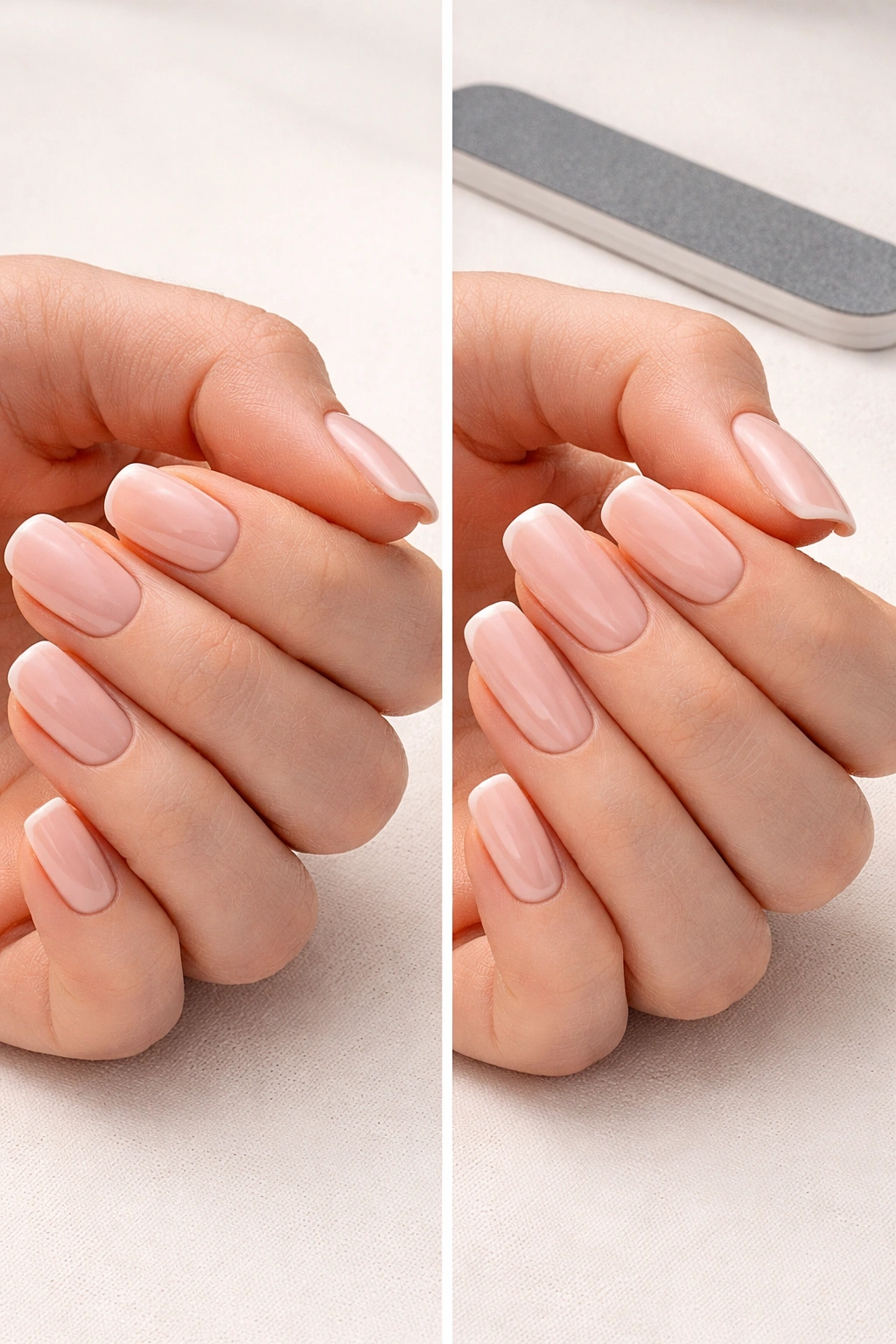 Hands showing maintenance differences between short and long squoval nails