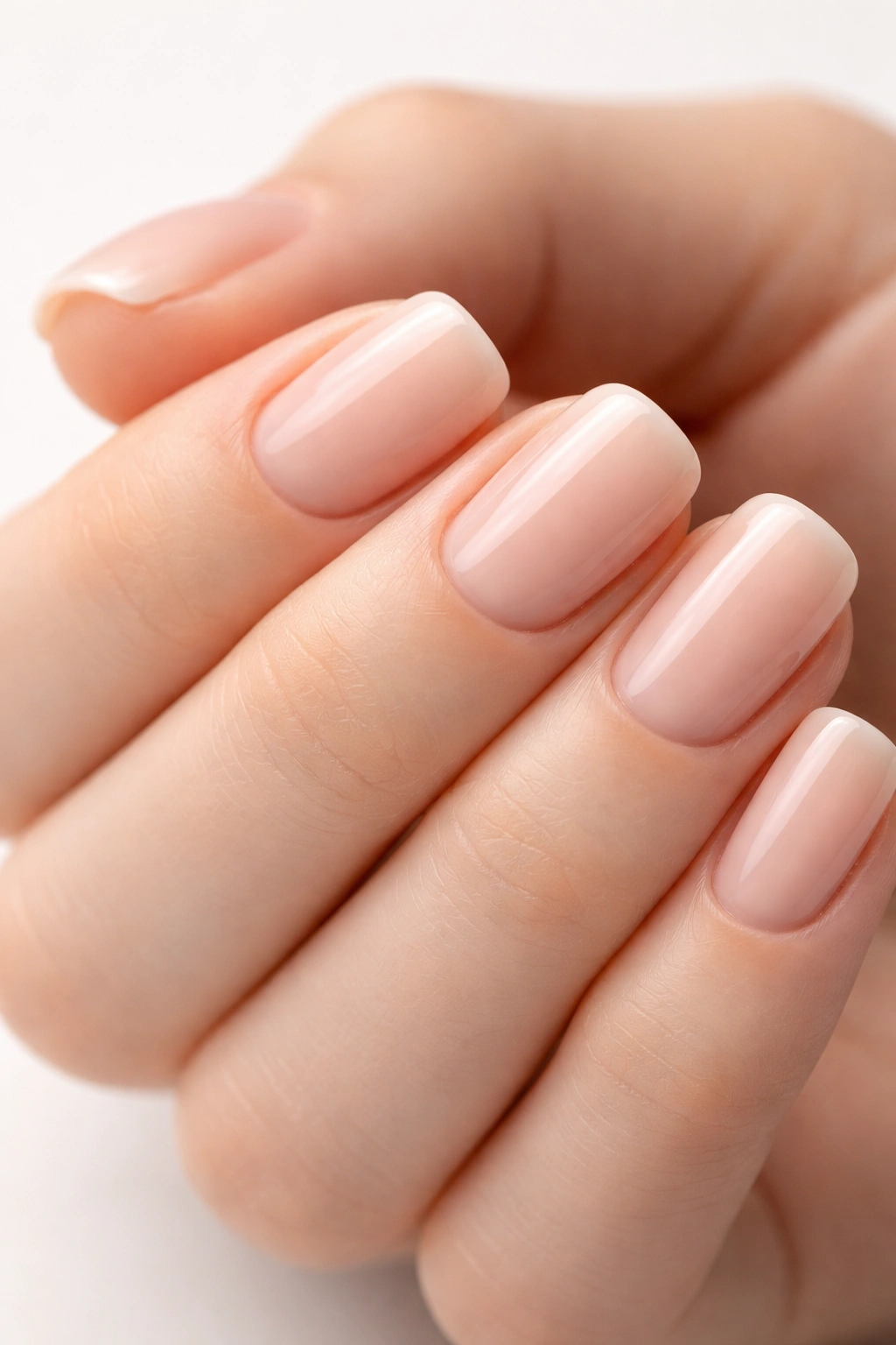Close-up of short squoval nails in a minimalist manicure on a neutral background