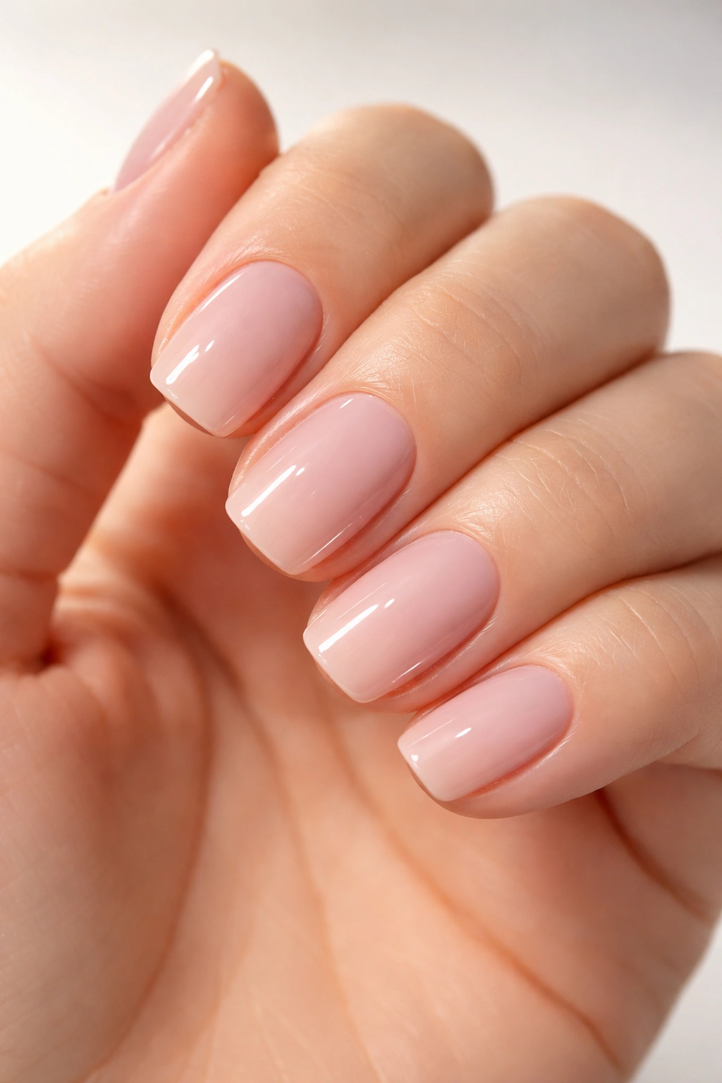 Close-up of short squoval nails catching light, showcasing flattering nail shape