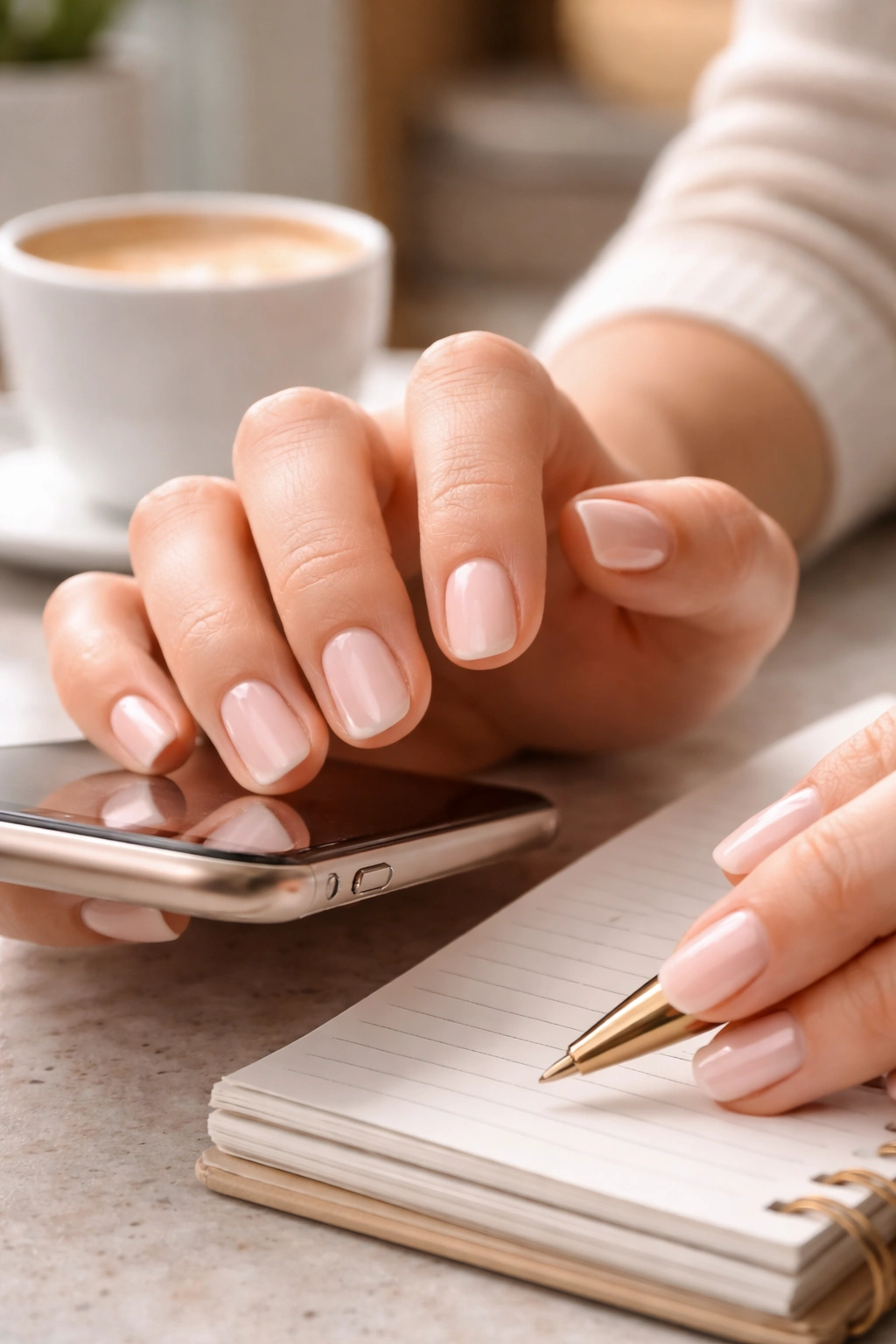 Close-up of a hand with short squoval nails demonstrating everyday practicality