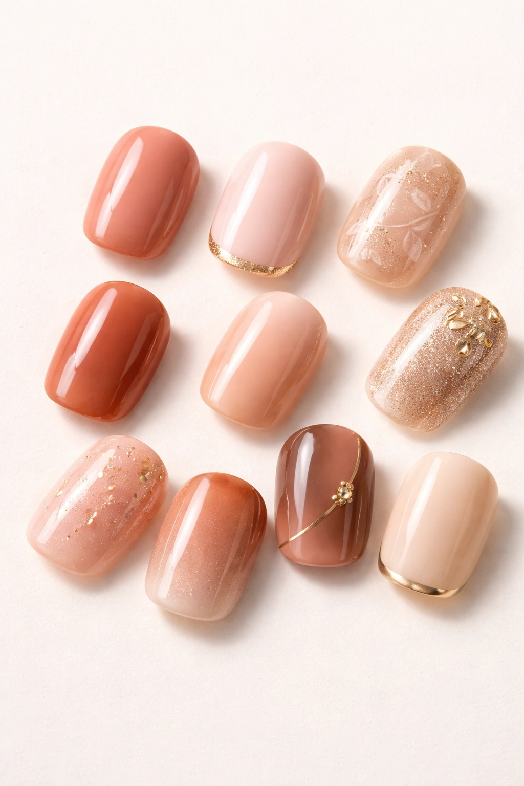 Glossy short squoval nails arranged neatly on plain surface