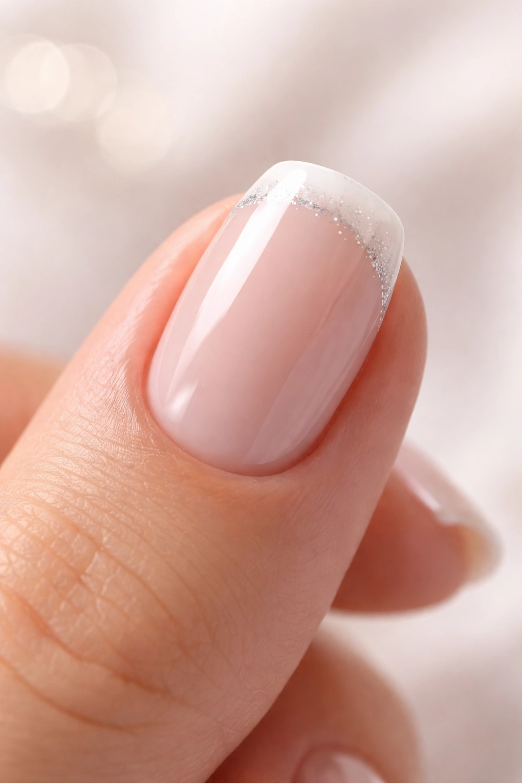 Close-up of a single short squoval acrylic nail with subtle finish