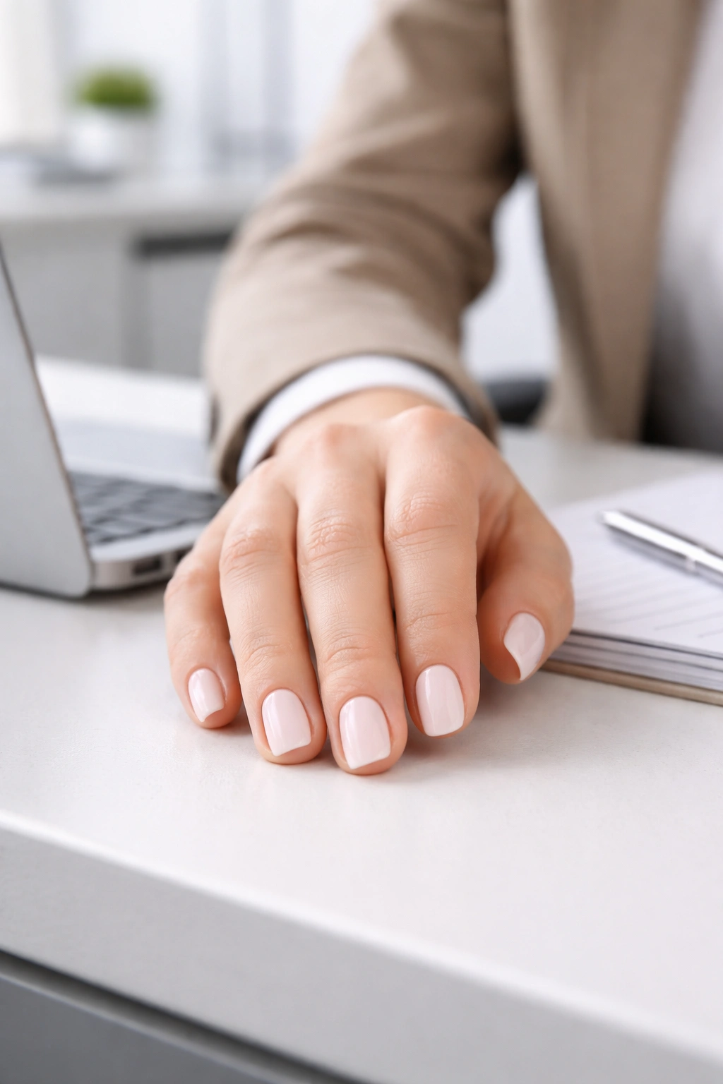 Hand with short squoval nails on desk in an office setting