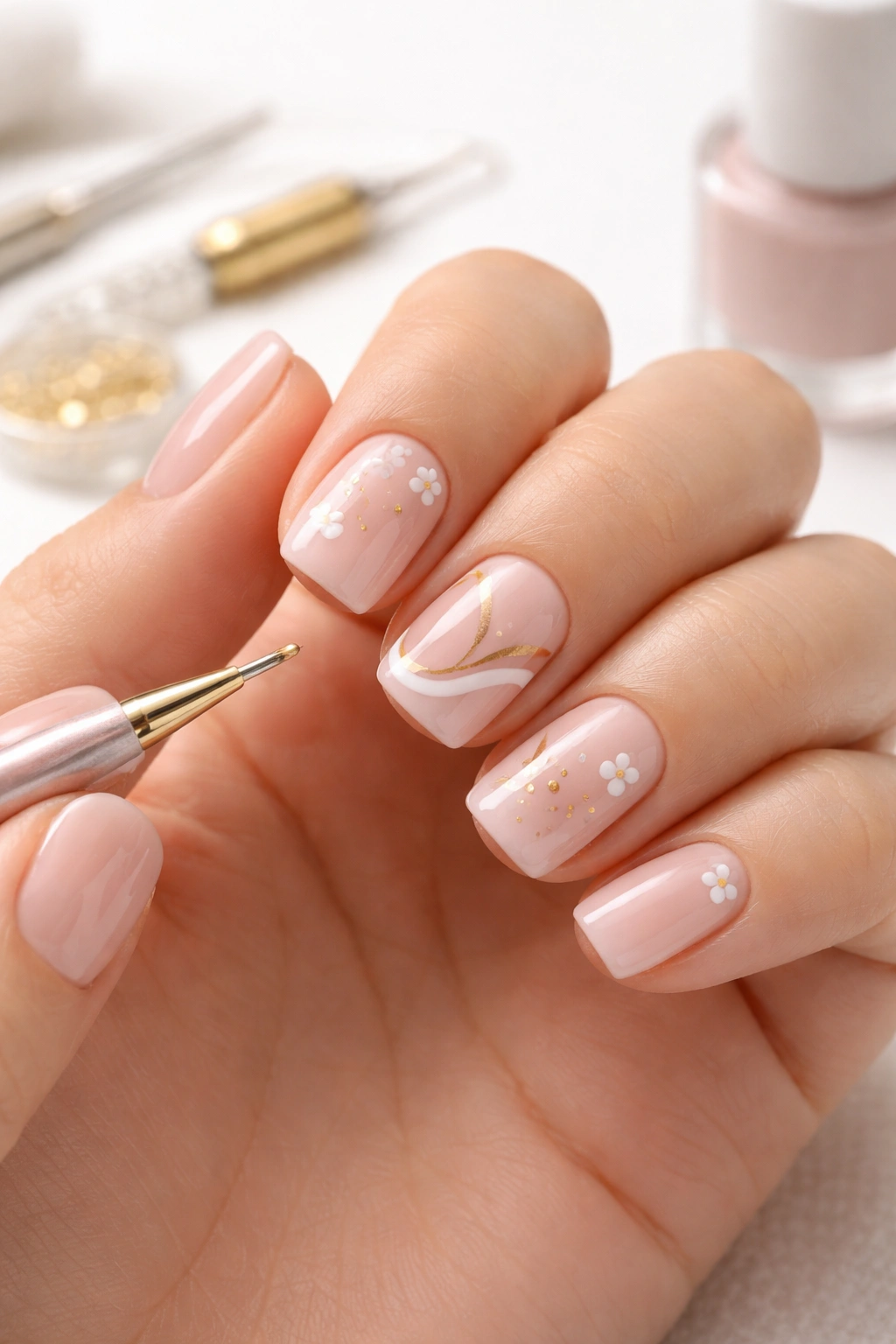 Close-up of well-proportioned short squoval nails with straight lines and even accents