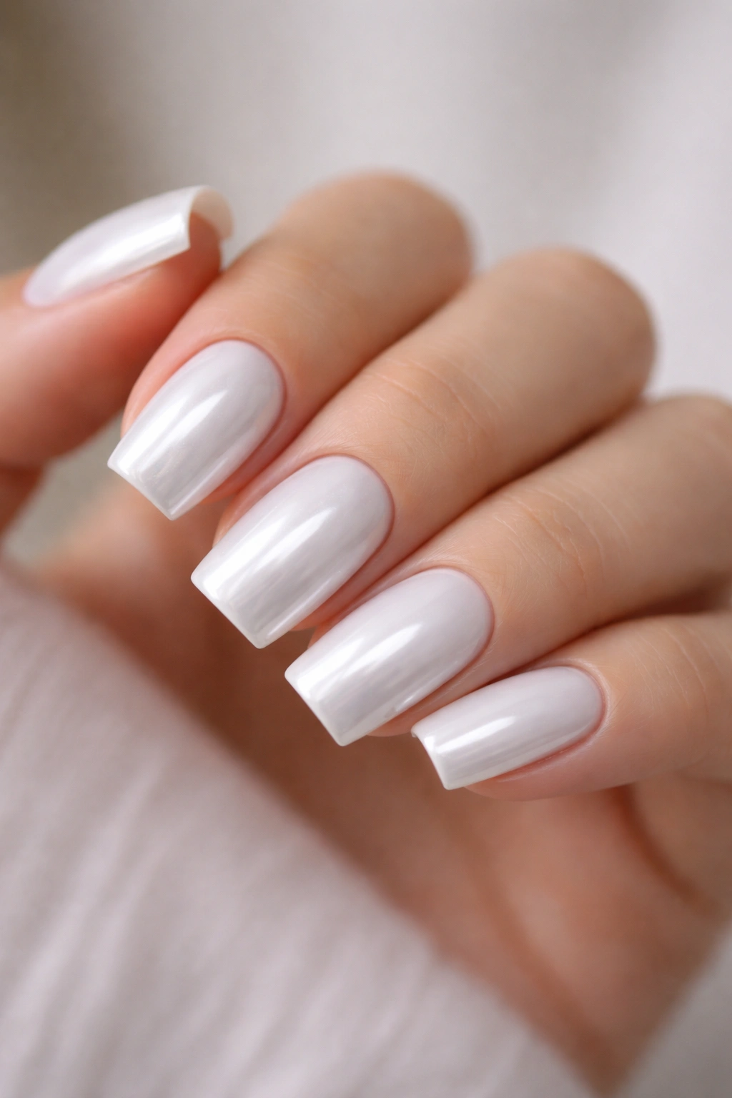 Short ballerina nails with squared-off tips in white chrome