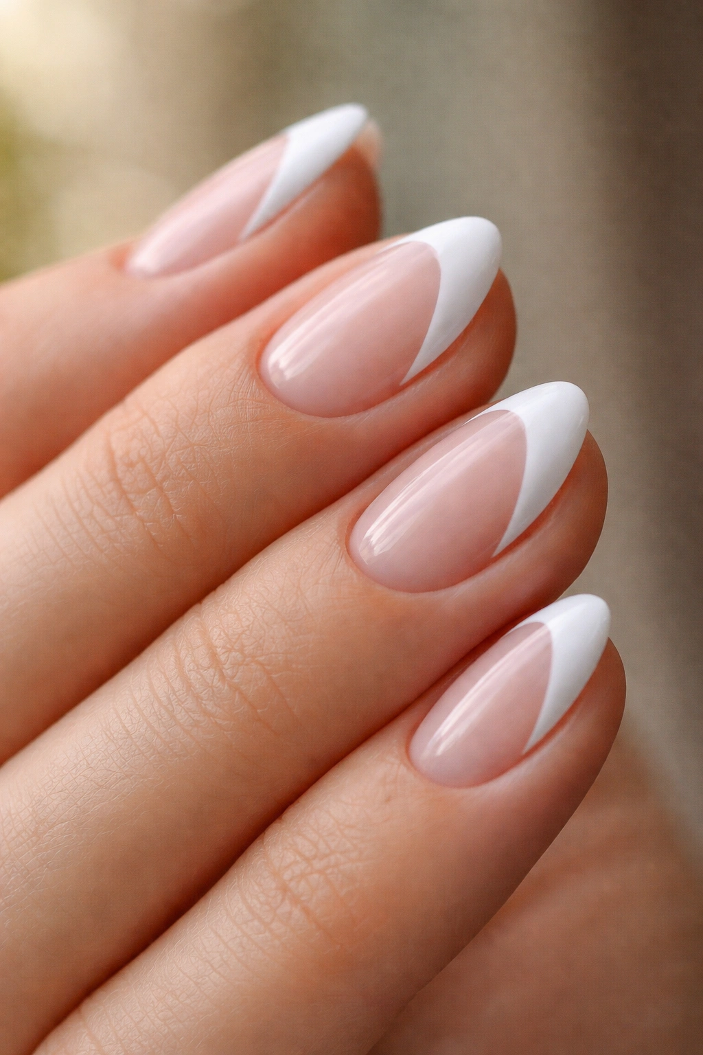 Close-up of short almond nails with a diagonal side French tip
