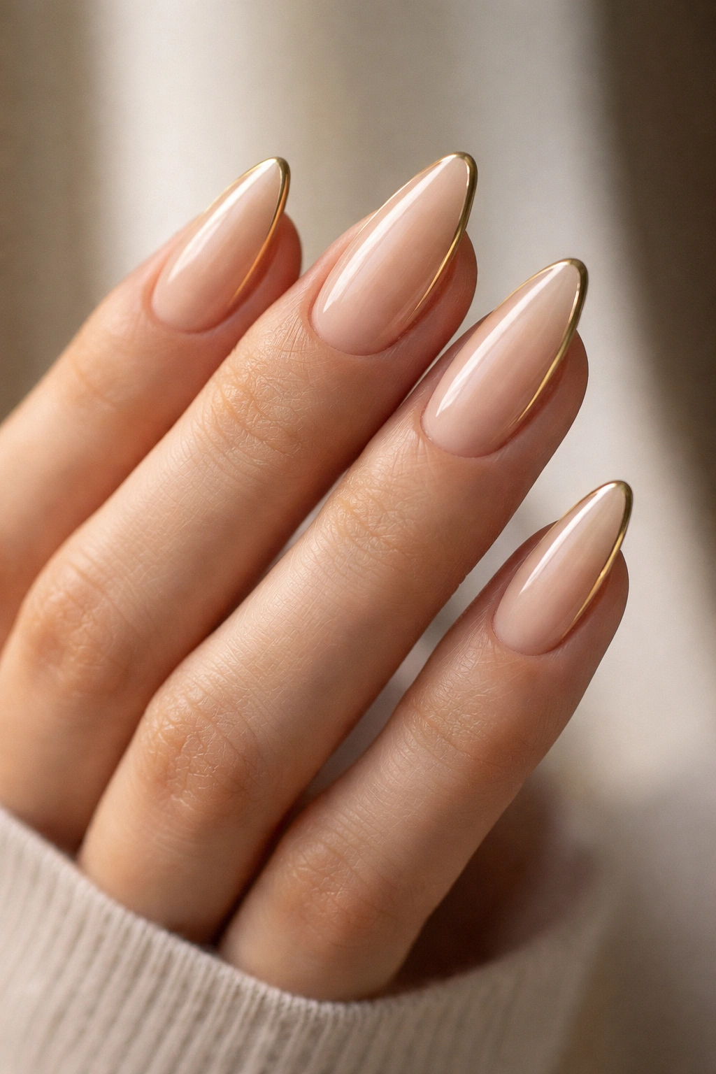 Almond nails with a thin gold side-French edge