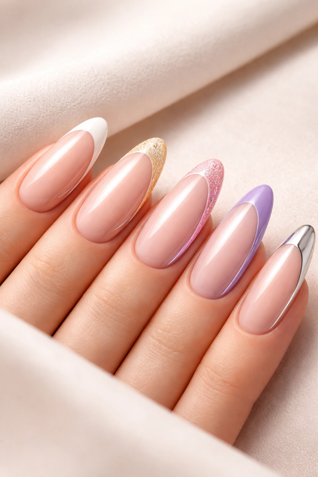 Nails showing long oval side French design emphasizing versatility