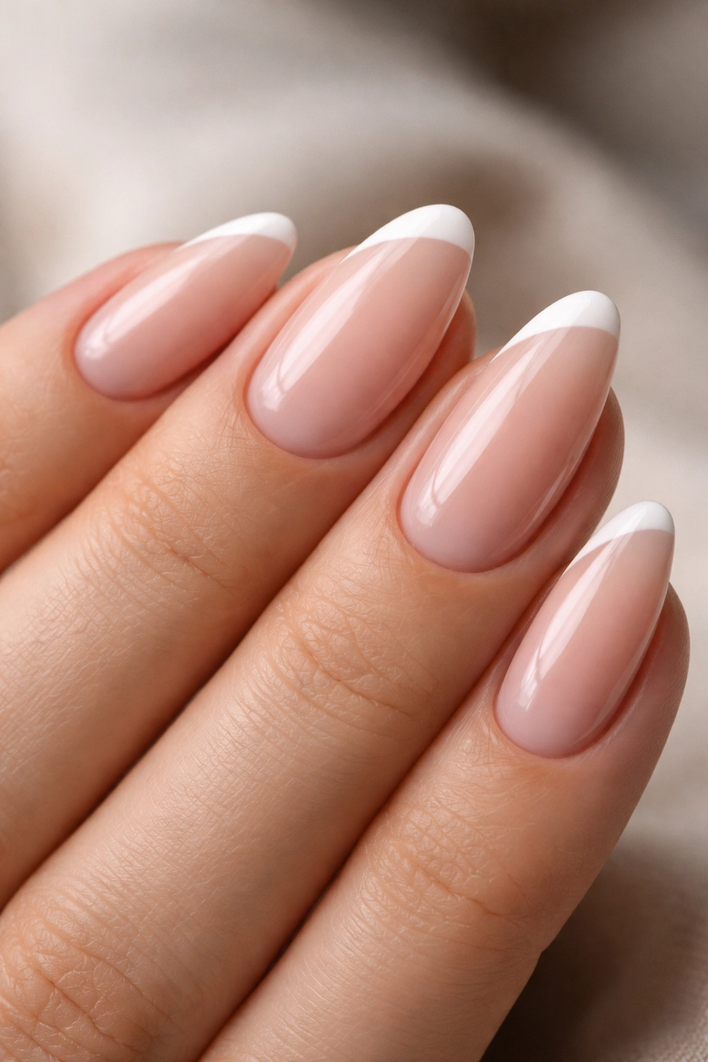Close-up of short almond nails showing a single white side French tip.