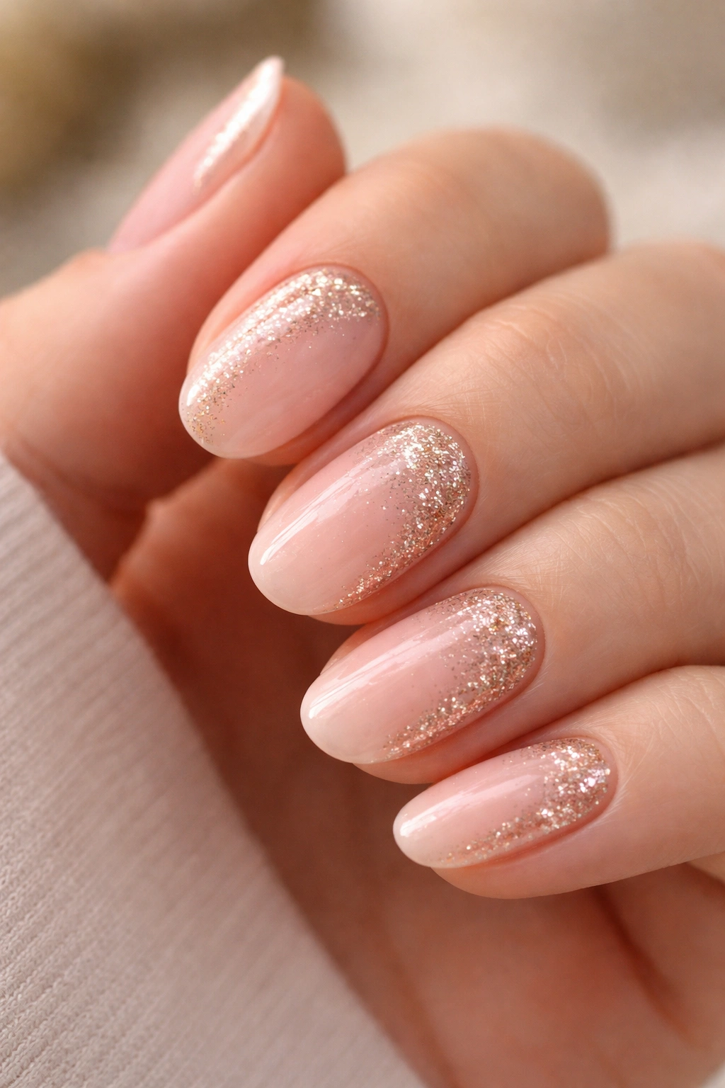 Close-up of short oval nails with diagonal fine glitter