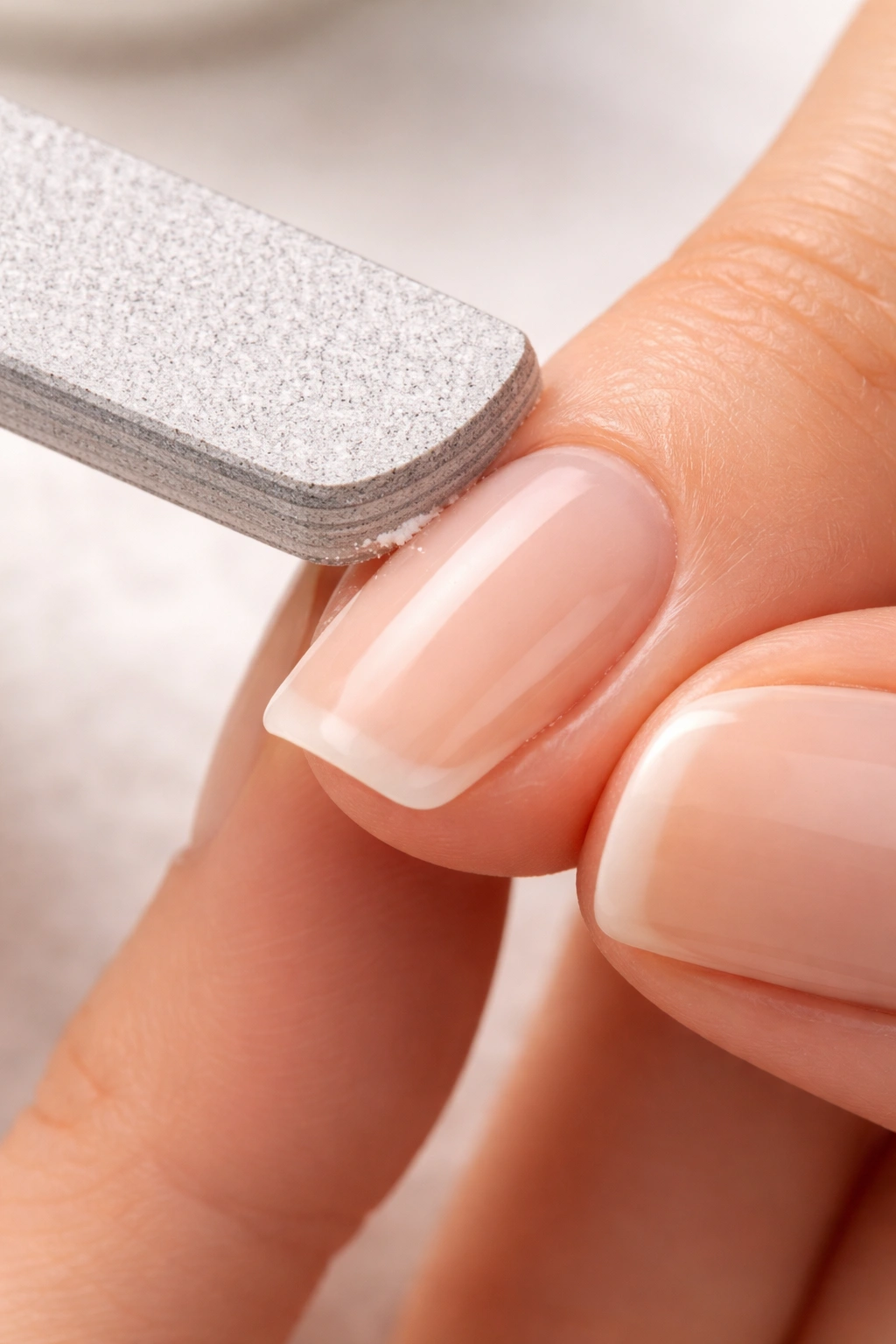 Close-up of nail sides being lightly filed to define squoval edges