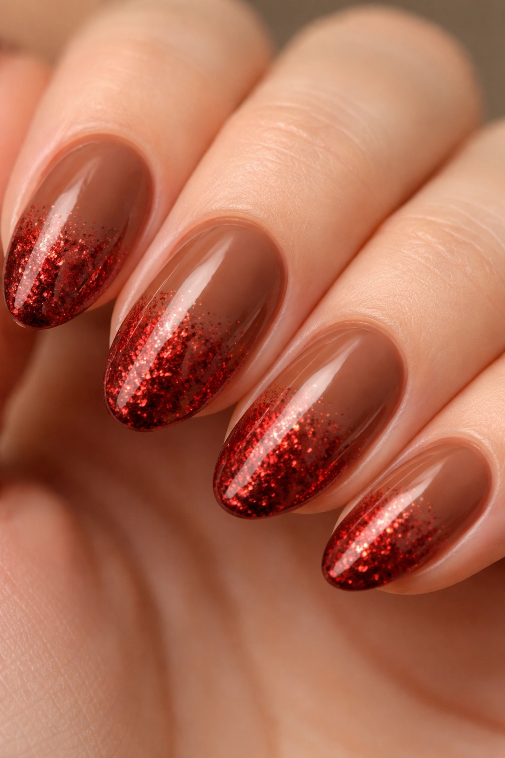 Close-up of short almond nails with sienna brown base and red glitter tips.