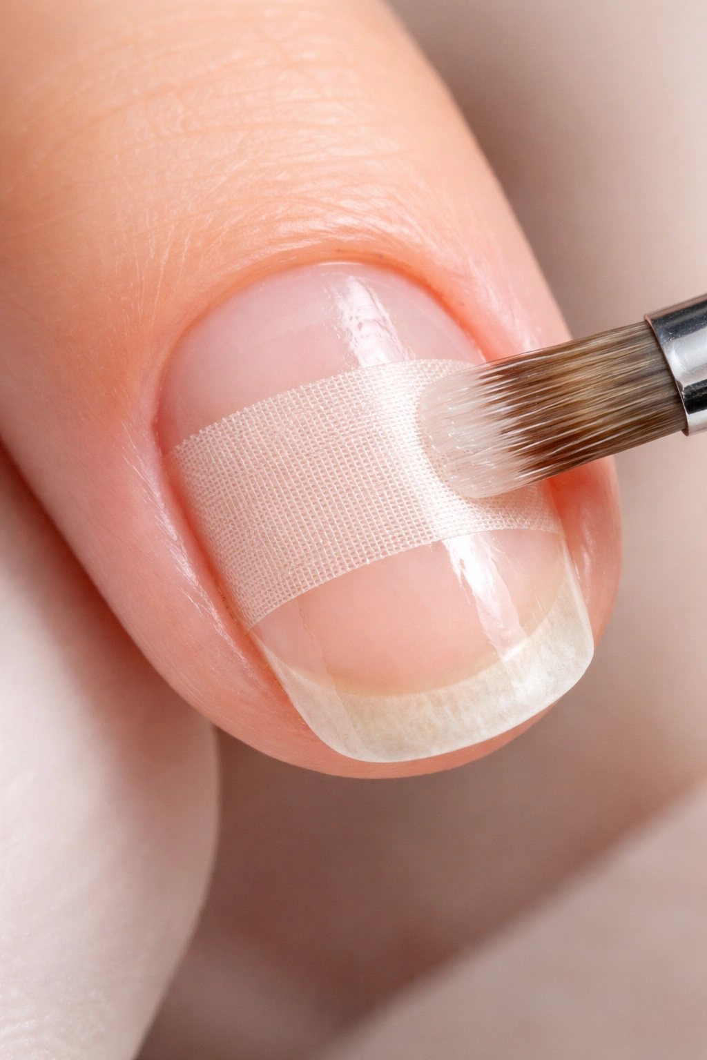 Close-up of a nail with a silk wrap patch under glue