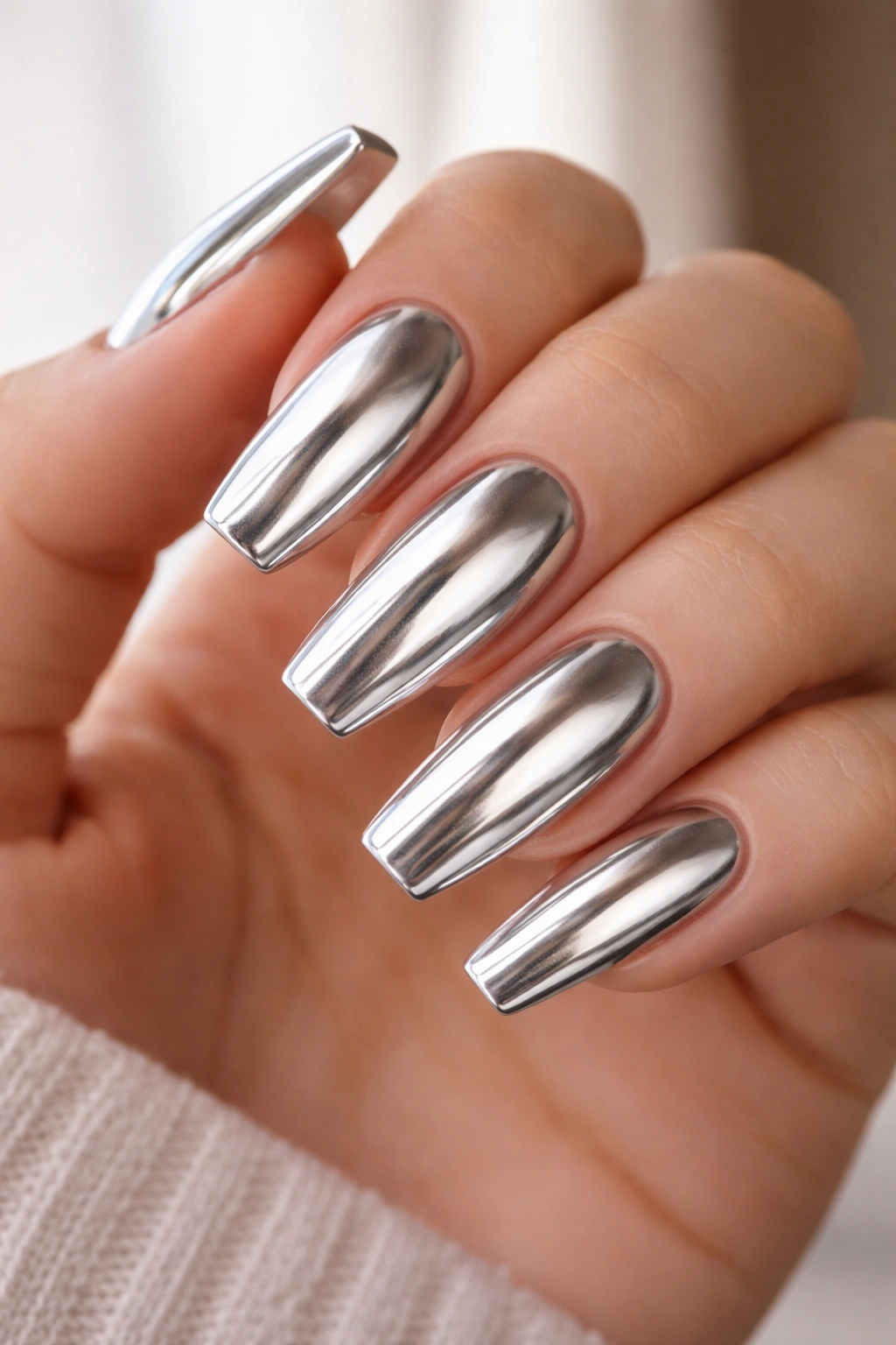 Close-up of silver ballerina nails with a flat-tip shape in studio lighting
