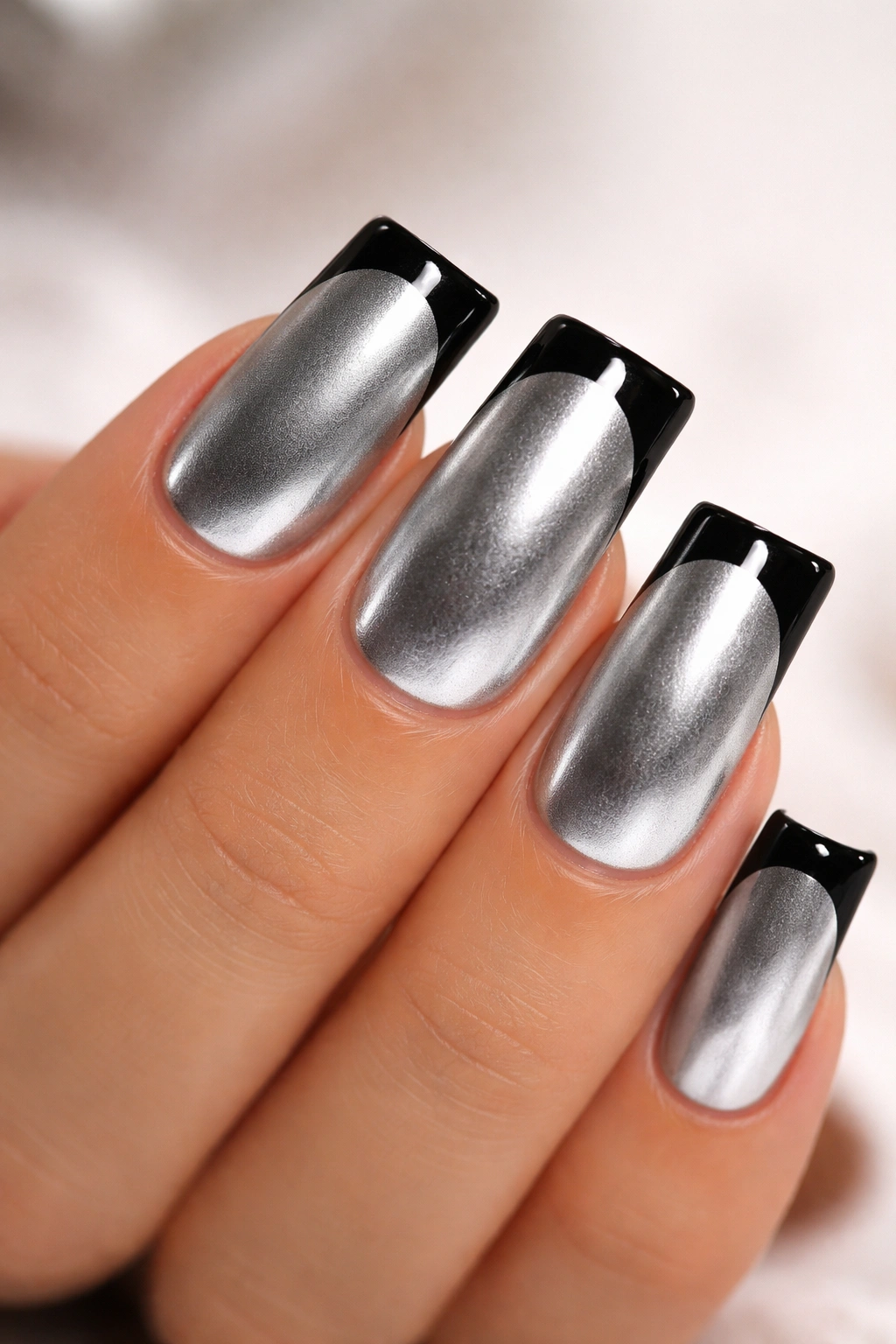 Duck nails with a silver base and black French tip on a squared-off edge.