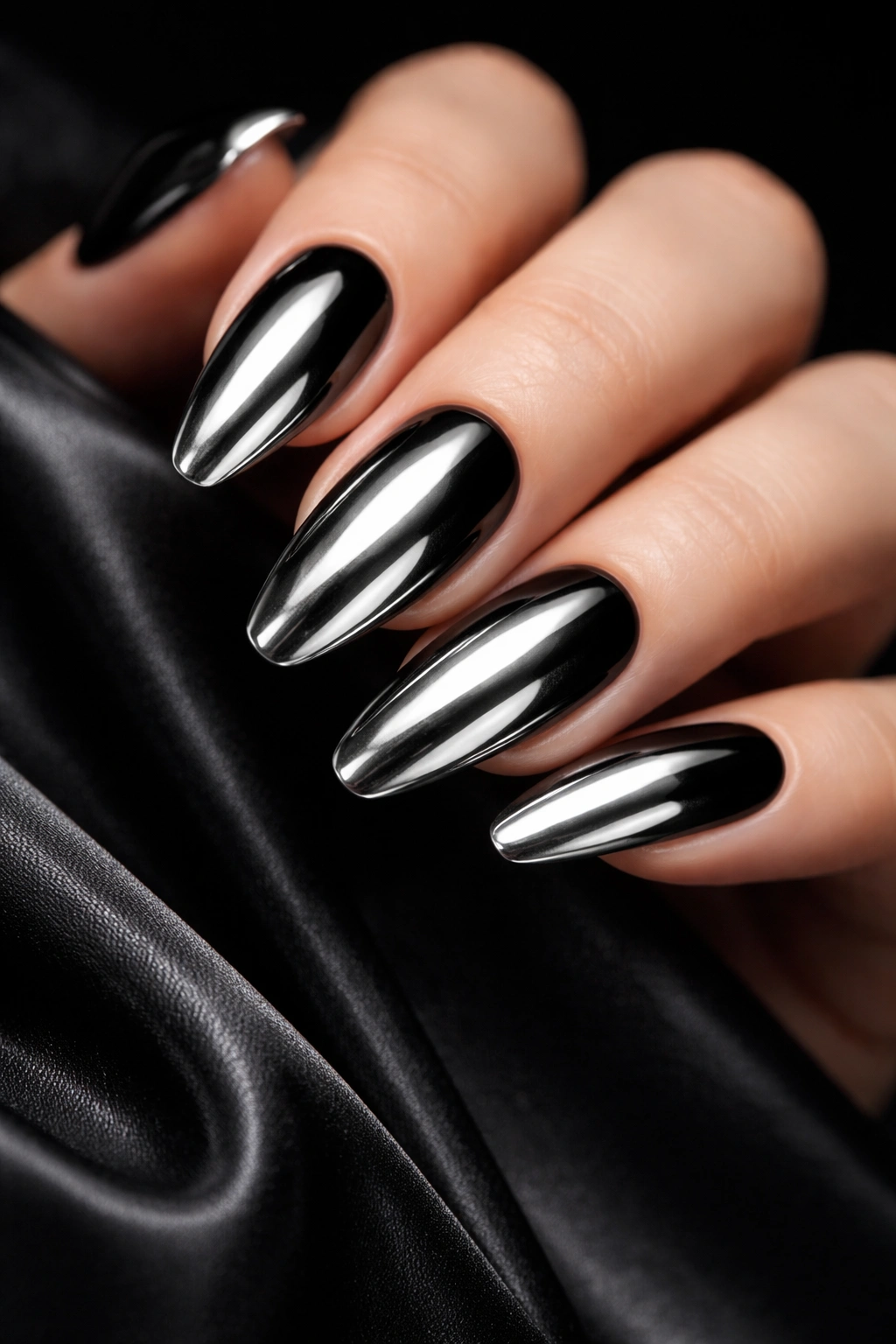 Close-up nails with silver chrome on a black base