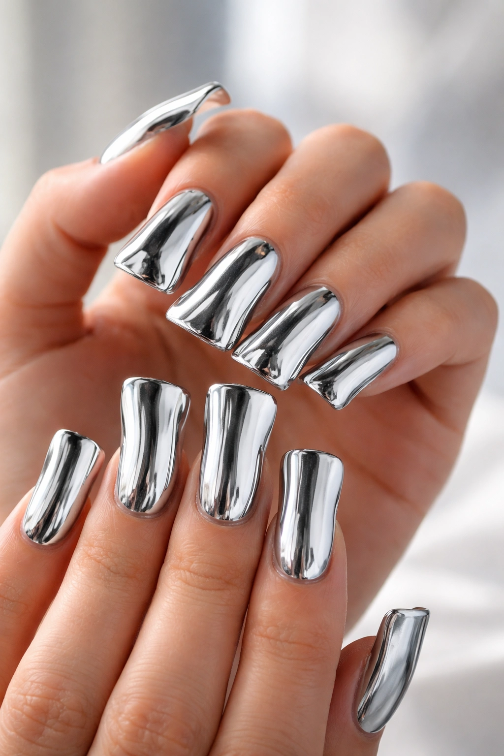 Close-up of silver chrome duck nails with mirror finish