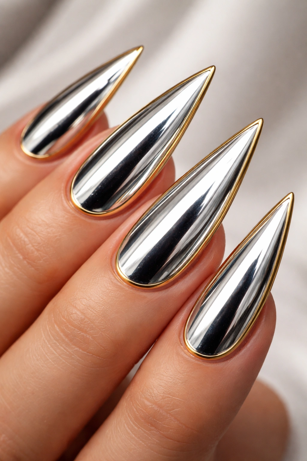Close-up of silver chrome stiletto nails with a thin gold border