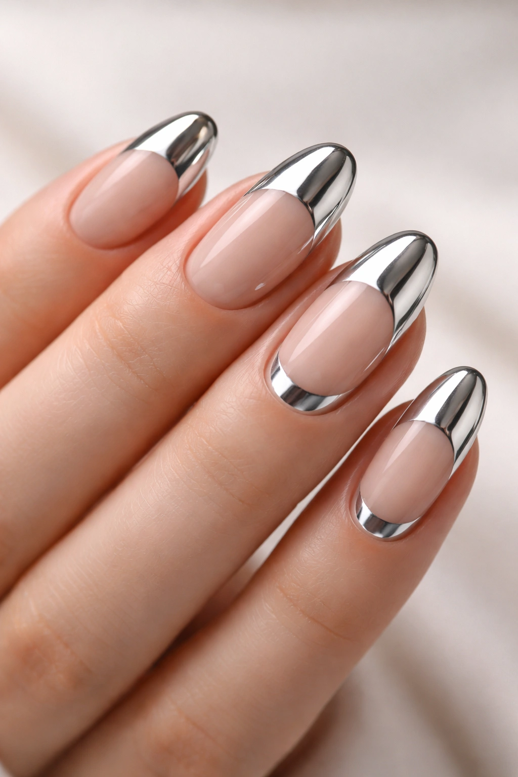 Close-up nails with silver chrome half moon design