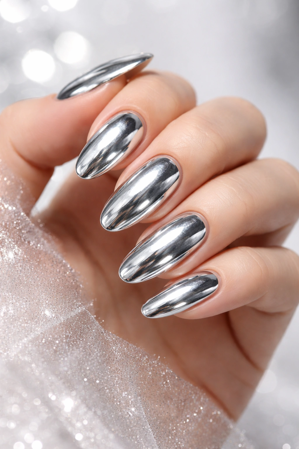 Hand with silver chrome nails reflecting light