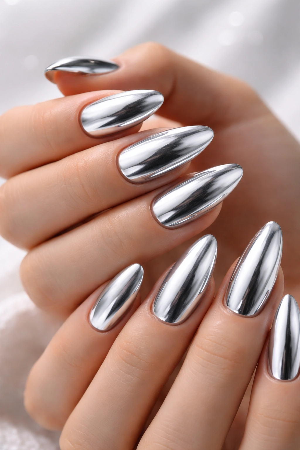 Close-up of silver chrome nails with mirror finish