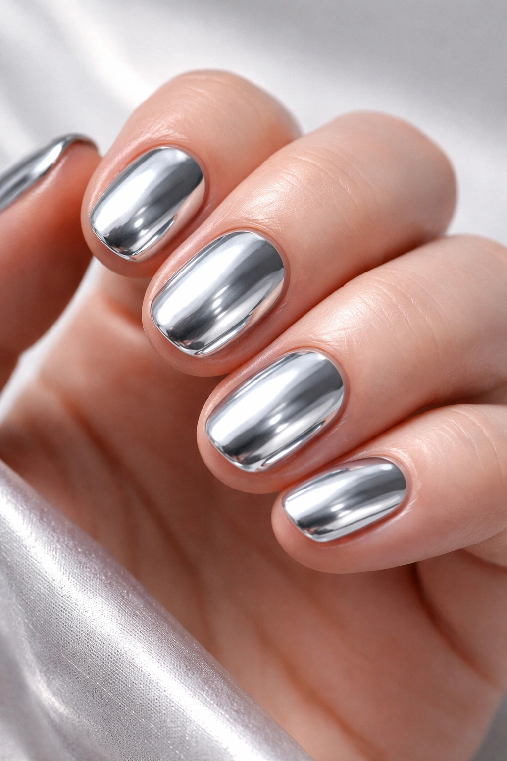Close-up of short nails painted silver chrome with mirrored finish