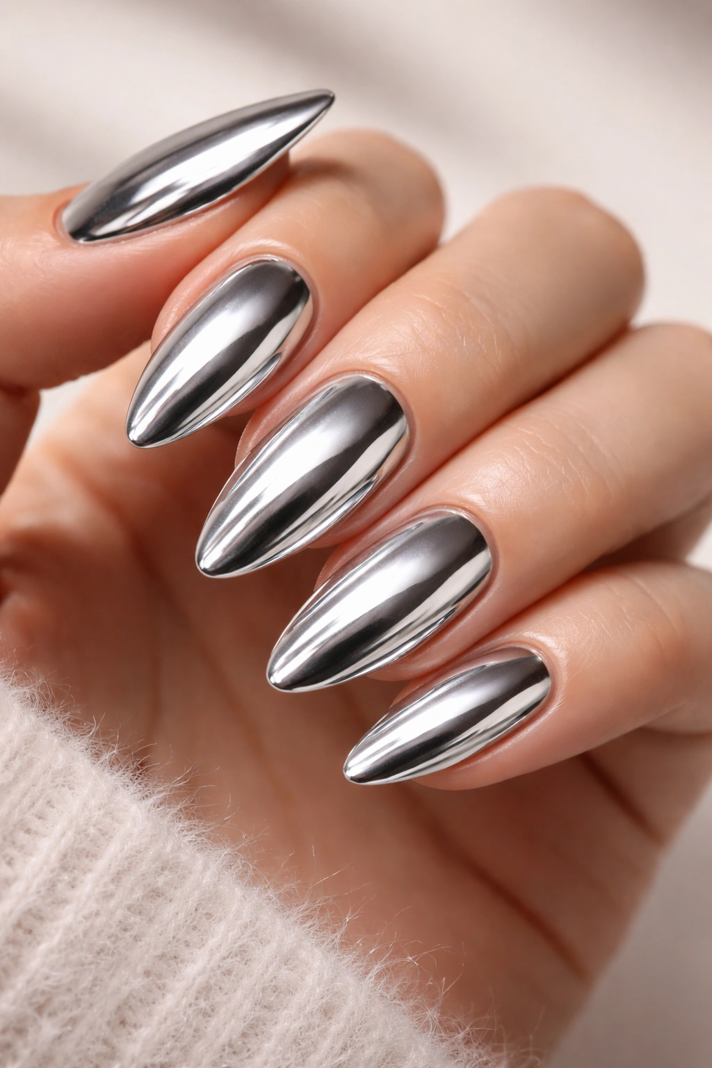 Almond nails with silver chrome finish