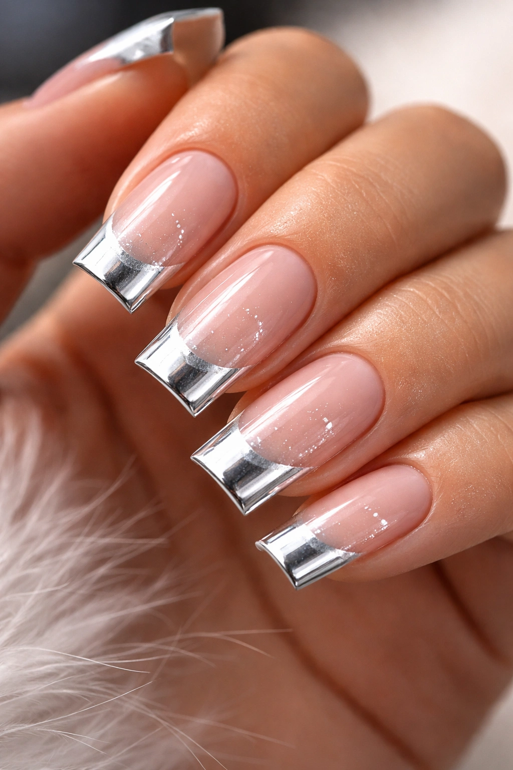 Nails with reflective silver chrome tips on square nails