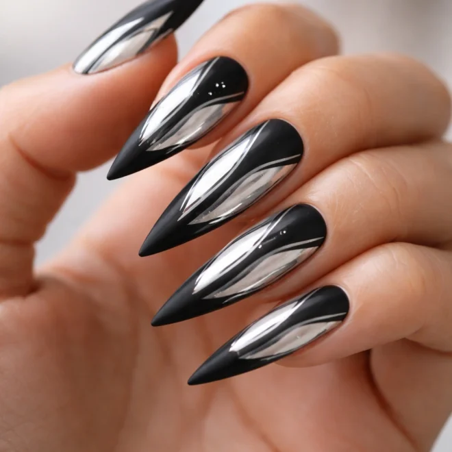 14 Black and Silver Stiletto Nail Ideas