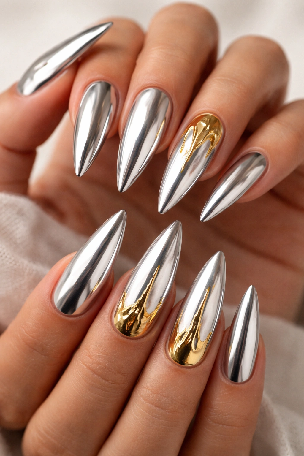 Silver chrome nails with gold drip accents on stiletto nails