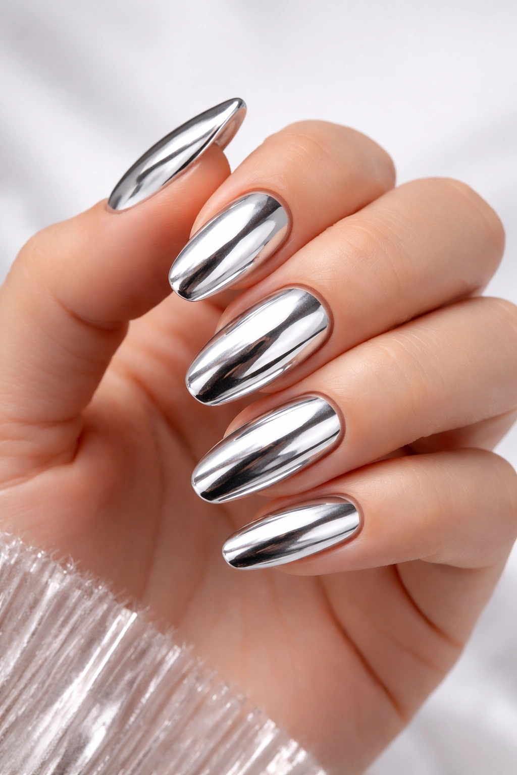 Close-up of hand with mirror-like silver chrome nails reflecting studio light