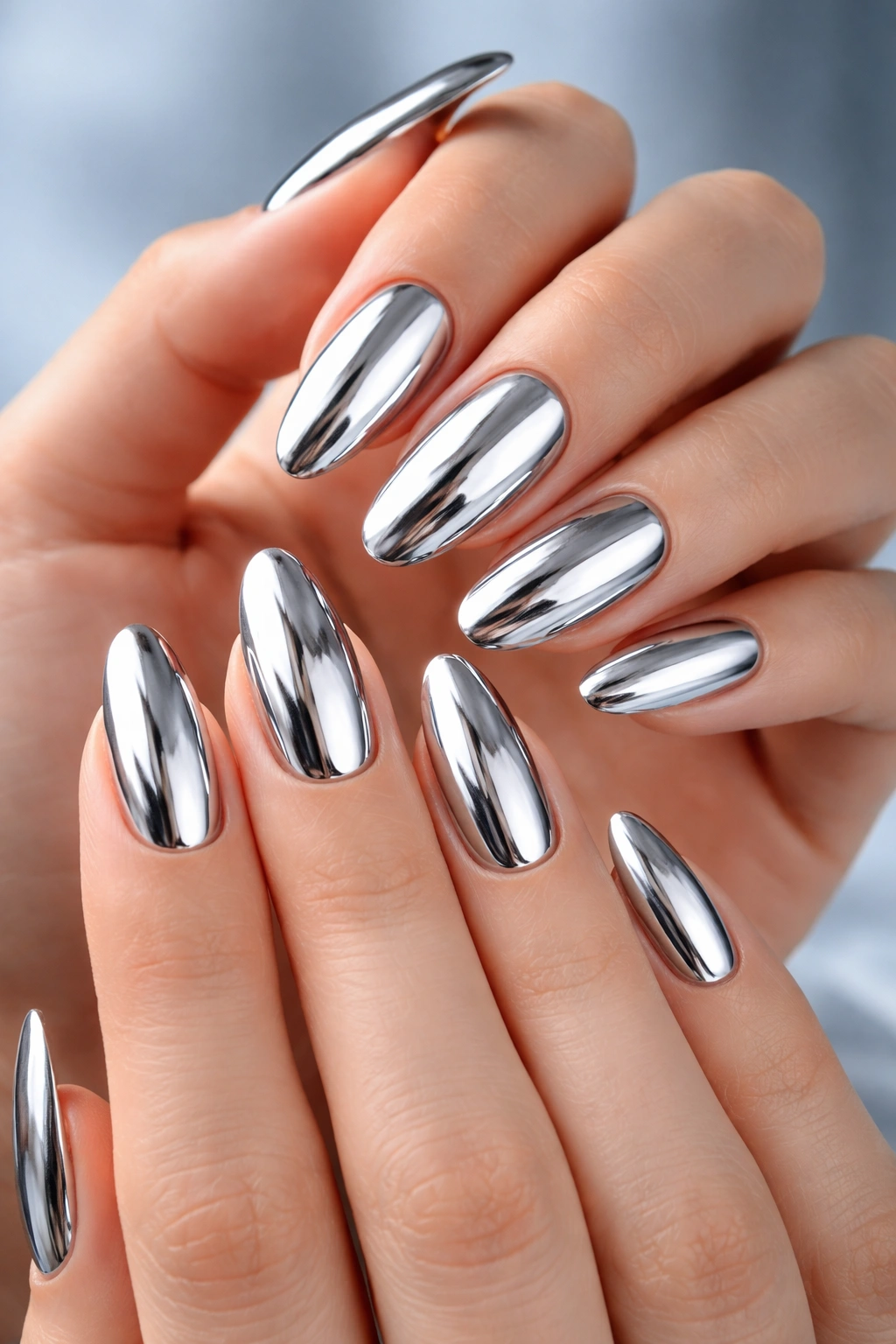 Close-up of hands with silver chrome nails reflecting light like metal