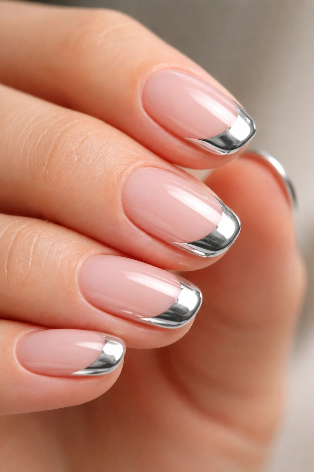 Close-up of short oval nails with a slim silver chrome French tip on a sheer pink base