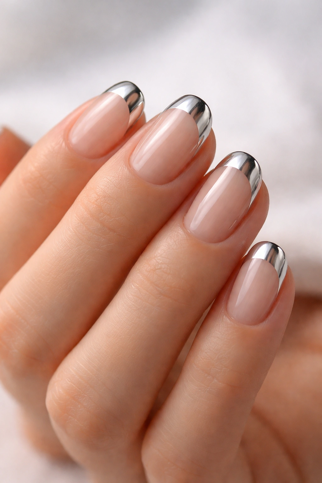 Close-up of short oval nails with sheer nude base and silver chrome French tips