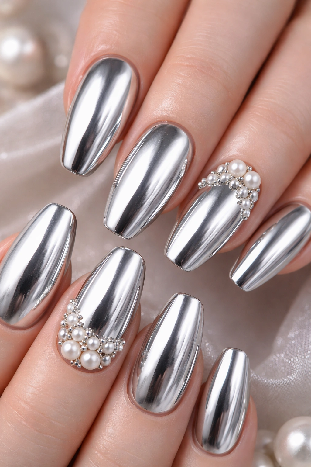 Nails with silver chrome and tiny pearl accents