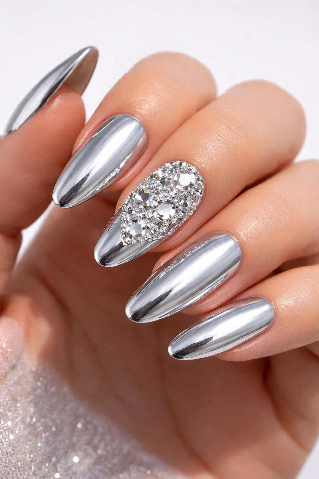 Close-up of chrome nails with rhinestones on one nail