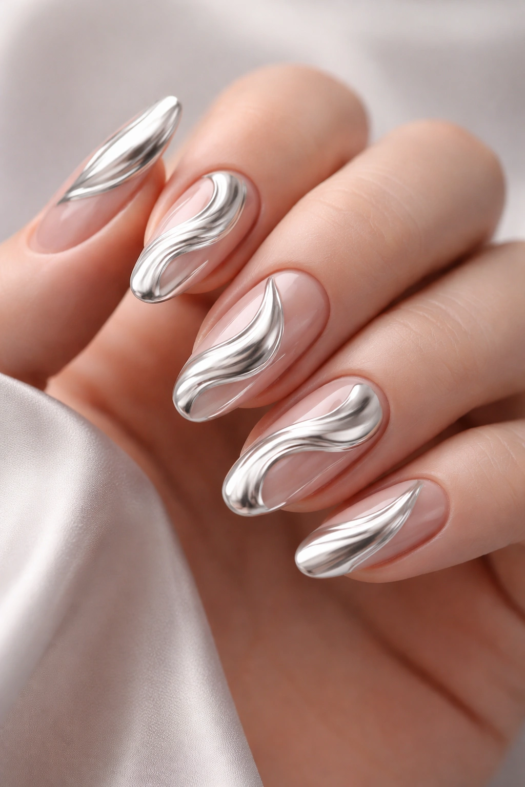 Close-up nails with silver chrome swirls on a nude base