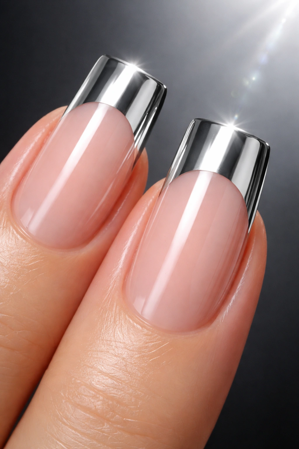 Close-up of square nails with silver chrome French tips