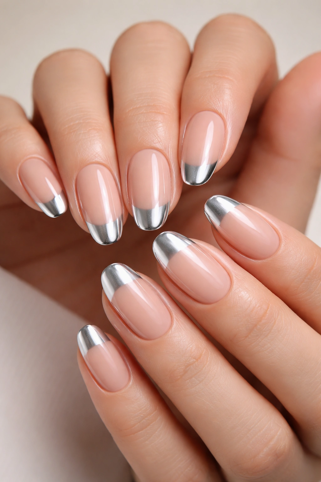 Close-up of nude nails with silver chrome tips