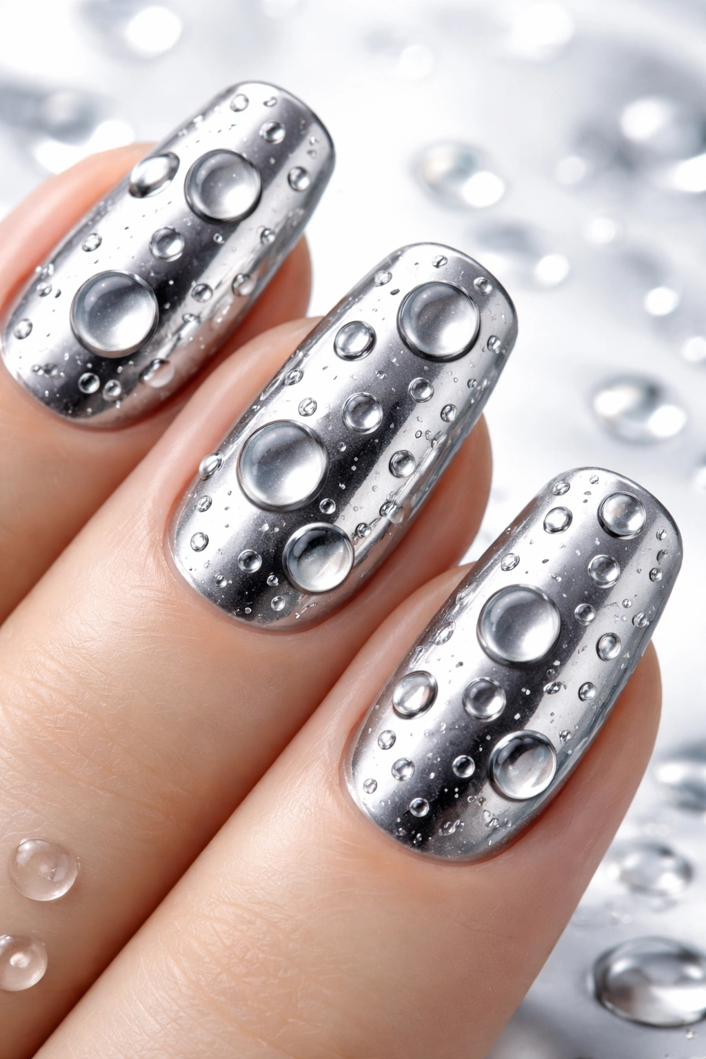 Nails with raised chrome water droplets creating a water-on-glass illusion