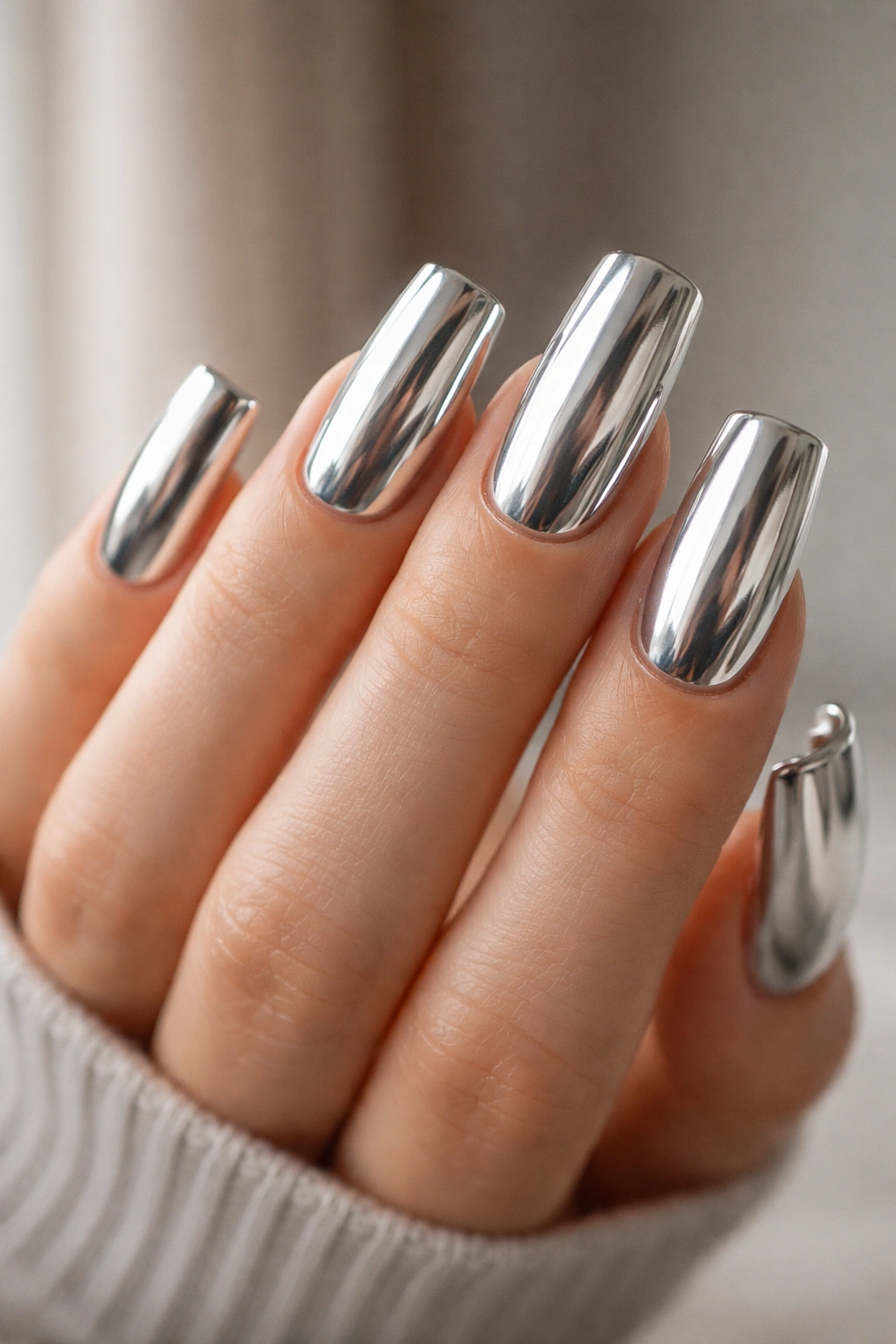 Close-up of a hand with sleek silver duck nails in chrome finish