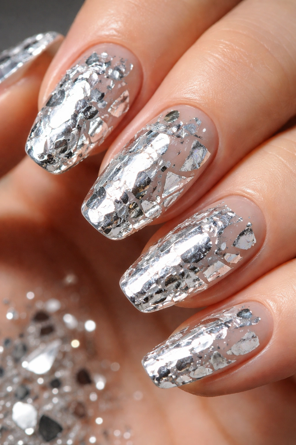 Close-up of nails with irregular silver foil fragments on a nude base