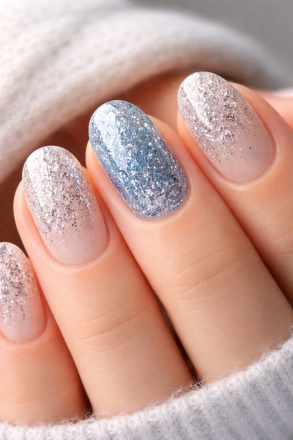 Close-up of short oval nails with silver-dominated glitter and blue accents on a pale base