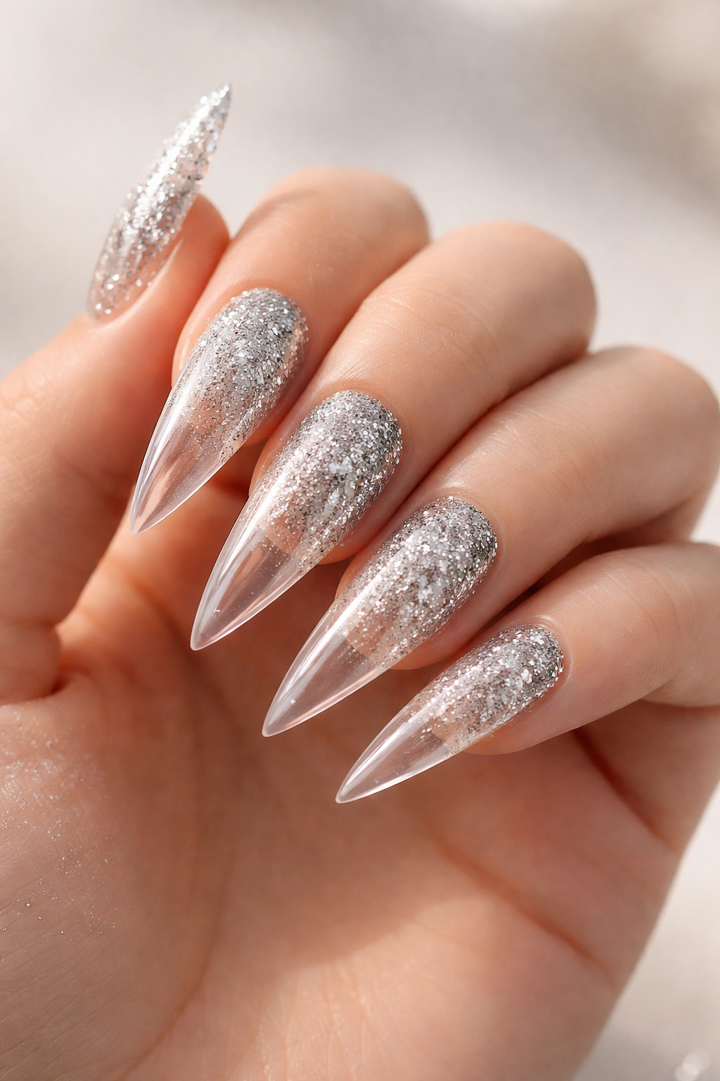 Stiletto nails with silver glitter gradient from base to clear tips