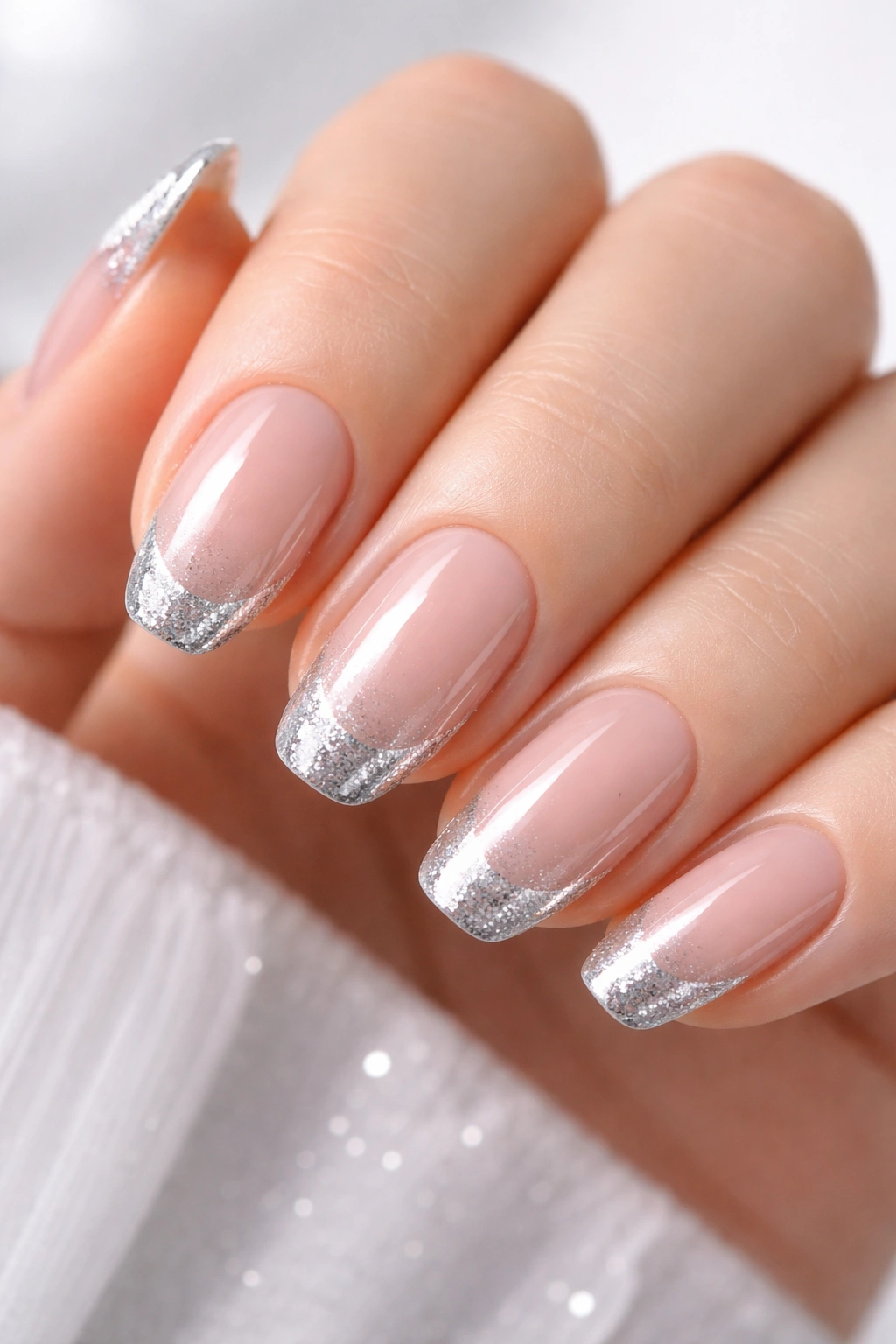 Close-up of nails with silver glitter tips on a nude base