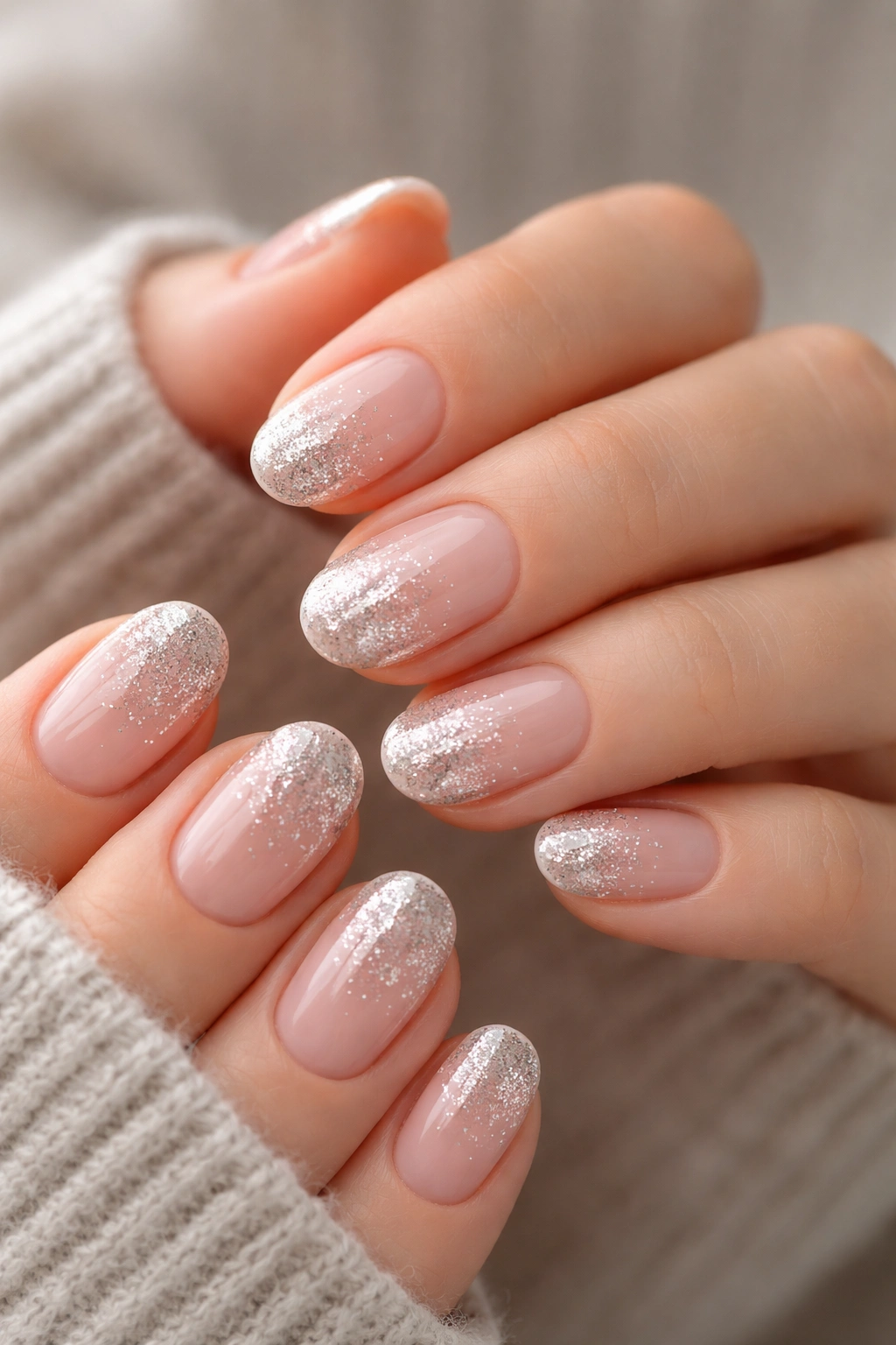 Close-up of short oval nails with a fine silver glitter fade on tips, neutral background