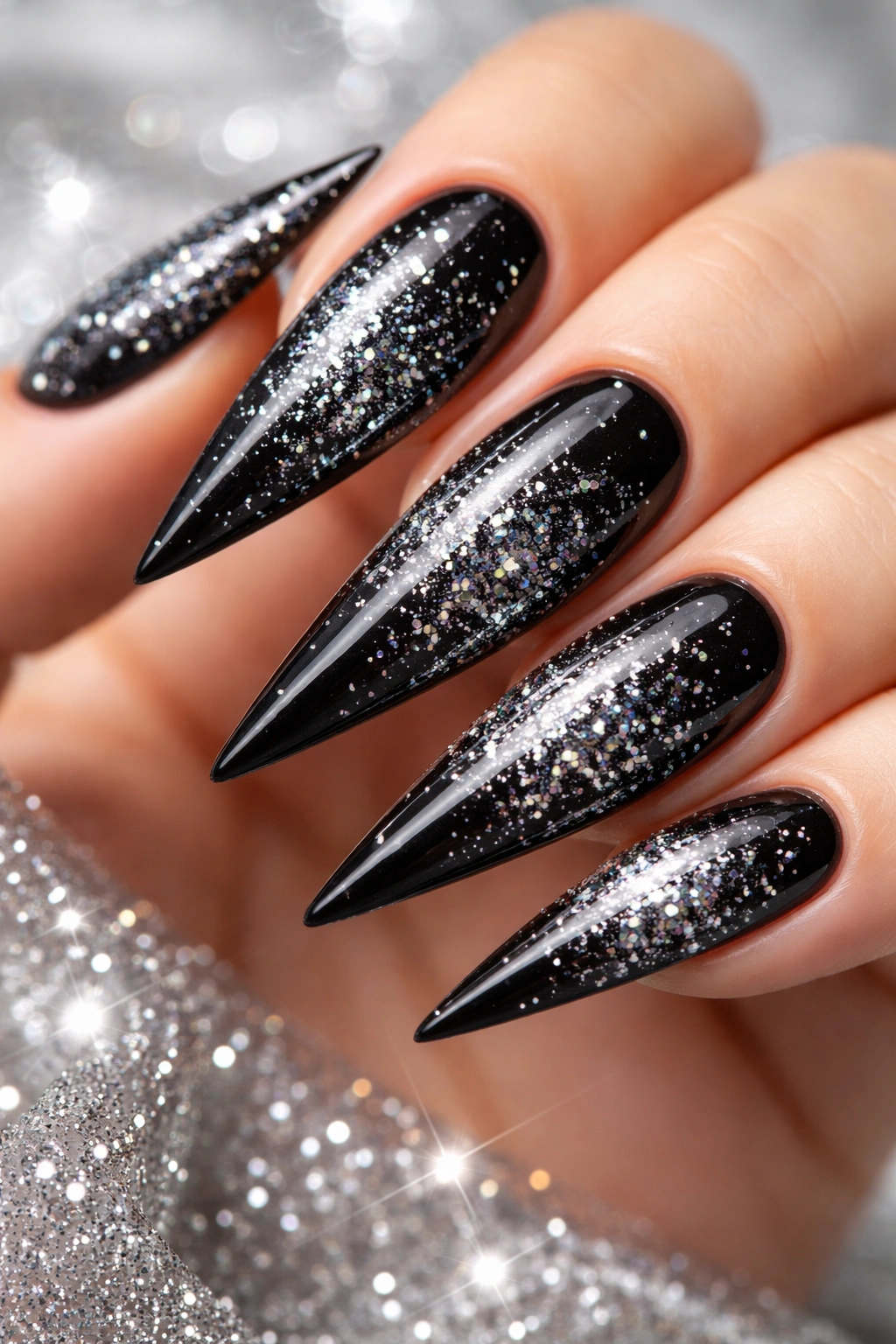 Close-up of black stiletto nails with silver glitter and sparkle