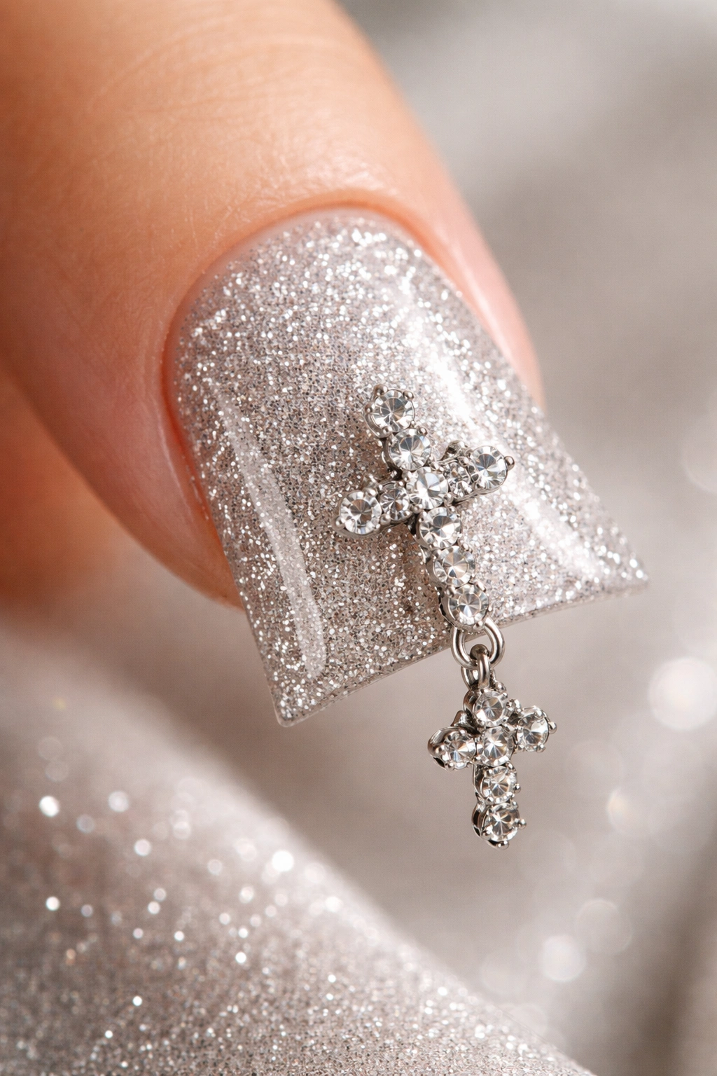 Close-up of a short duck nail with silver glitter base and rhinestone cross charm