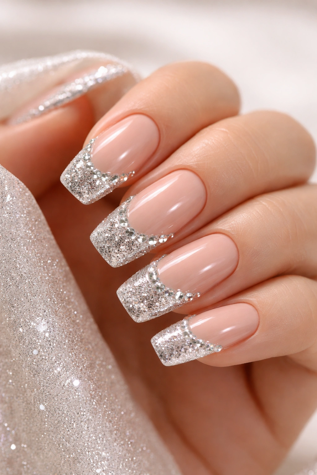 Close-up of nails with silver glitter French tips and rhinestones on nude base