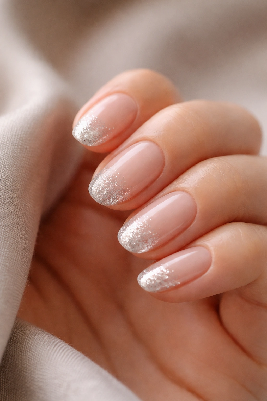 Short oval nails with sheer base and silver glitter tips